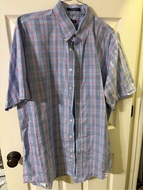 Overton Men's Light Blue Plaid Button-Down Shirt - Classic Short Sleeve casual